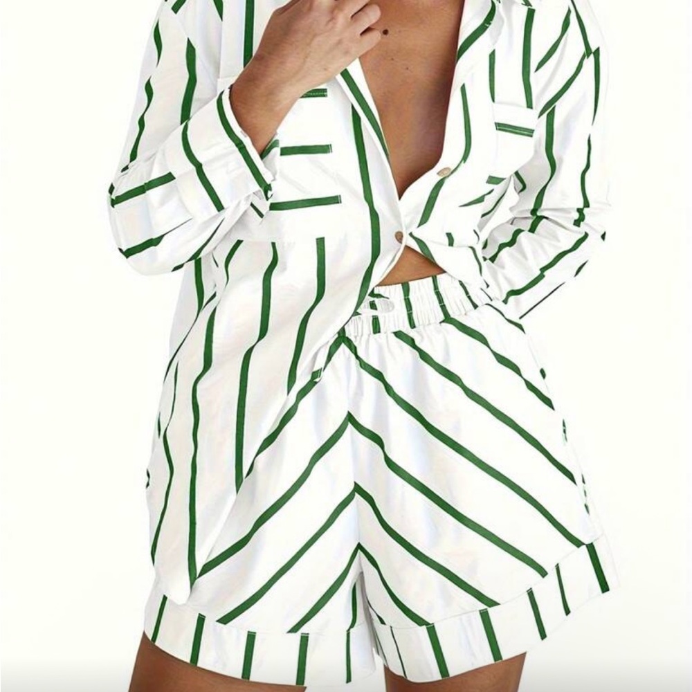 Button-Front Green & White Striped Women's Short Set